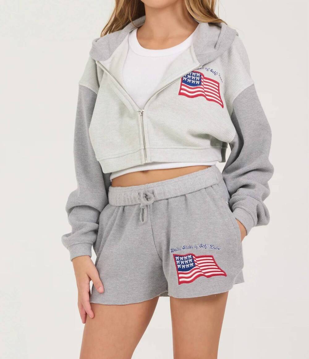 NEW VINTAGE HAVANA thermal zip hoodie short set in grey / white